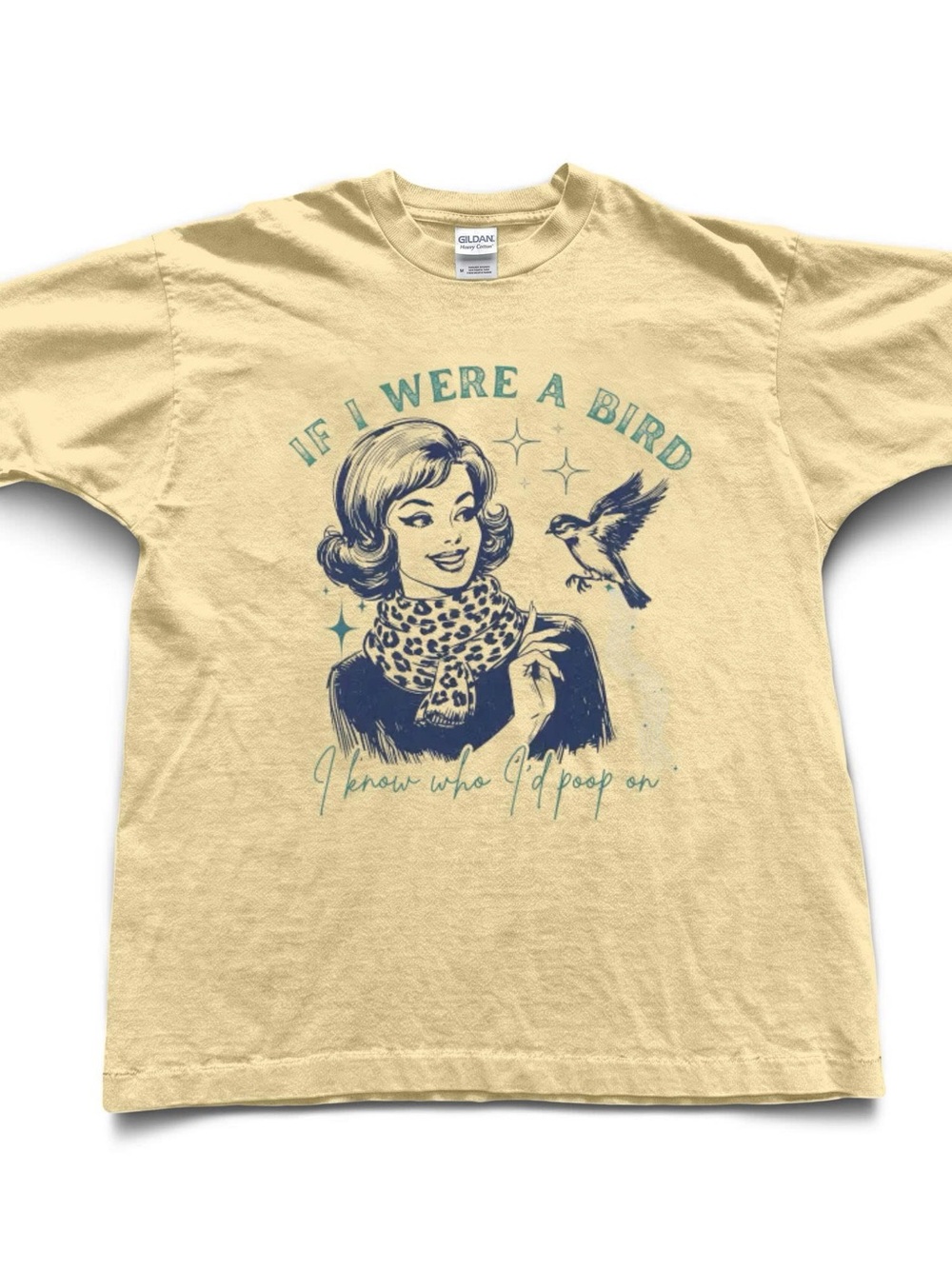 Gildan Cream Short-Sleeve Tee with Retro Woman & Bird Graphic
